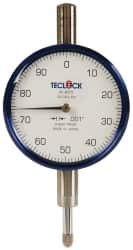 Teclock - 1/4" Range, 0-100 Dial Reading, 0.001" Graduation Dial Drop Indicator - 2-11/64" Dial, 0.1" Range per Revolution, 0.0007" Accuracy - Exact Tooling