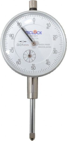 Teclock - 25mm Range, 0-100 Dial Reading, 0.01" Graduation Dial Drop Indicator - 2-11/64" Dial, 1" Range per Revolution, 0.03" Accuracy, Revolution Counter - Exact Tooling