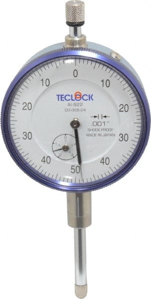 Teclock - 1" Range, 0-50-0 Dial Reading, 0.001" Graduation Dial Drop Indicator - 2-11/64" Dial, 0.1" Range per Revolution, 0.0014" Accuracy, Revolution Counter - Exact Tooling