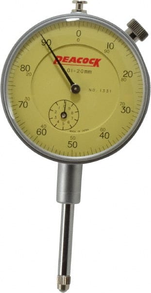 Peacock - 20mm Range, 0-100 Dial Reading, 0.01mm Graduation Dial Drop Indicator - 2-3/64" Dial, Revolution Counter - Exact Tooling