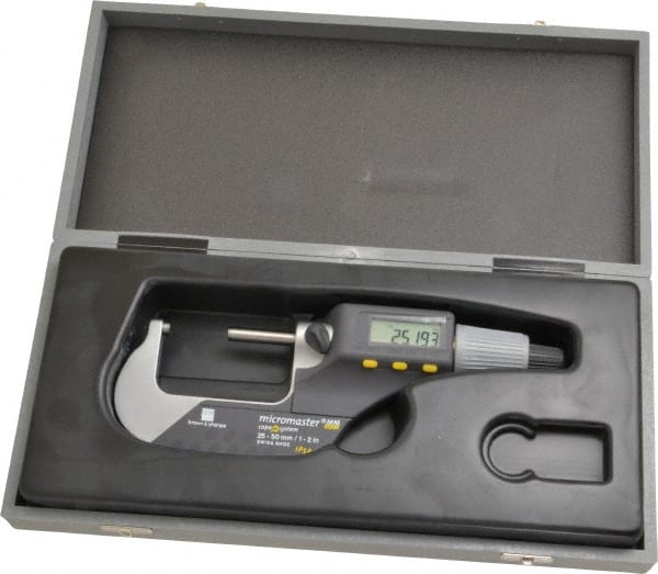 TESA Brown & Sharpe - 1 to 2 Inch Range, 0.0001 Inch Resolution, Standard Throat, IP54 Electronic Outside Micrometer - 0.0002 Inch Accuracy, Carbide Face, Includes Plastic Case - Exact Tooling
