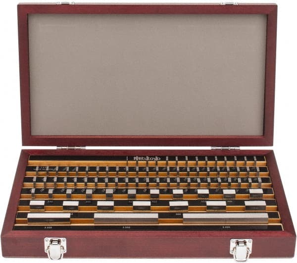 Mitutoyo - 81 Piece, 0.05 to 4", Grade 0, Steel Gage Block Set - Rectangular, 10µ (3"), 12µ (4"), 5µ (0.05-0.4"), 6µ (0.45-1"), 8µ (2") Tolerance - Exact Tooling
