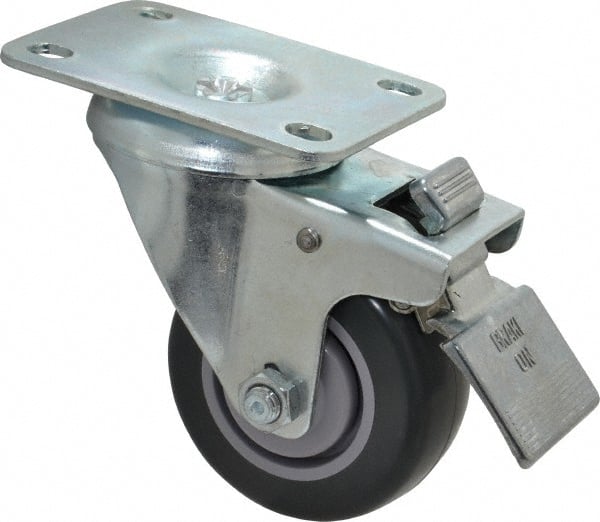 Shepherd - 3" Diam x 1-1/4" Wide x 4-1/4" OAH Top Plate Mount Swivel Caster with Brake - Polyurethane, 185 Lb Capacity, Ball Bearing, 2-5/8 x 3-3/4" Plate - Exact Tooling