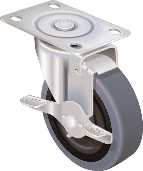 Shepherd - 3" Diam x 13/16" Wide x 3-1/2" OAH Stem Mount Swivel Caster with Brake - Polyolefin, 120 Lb Capacity, Plain Bore Bearing, 3/8-16 x 1-1/2" Threaded Stem - Exact Tooling