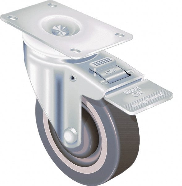 Shepherd - 4" Diam x 1-1/4" Wide x 5-1/4" OAH Top Plate Mount Swivel Caster with Brake - TPR, 185 Lb Capacity, Ball Bearing, 2-5/8 x 3-3/4" Plate - Exact Tooling