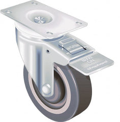 Shepherd - 4" Diam x 1-1/4" Wide x 5-1/4" OAH Top Plate Mount Swivel Caster with Brake - TPR, 185 Lb Capacity, Ball Bearing, 2-5/8 x 3-3/4" Plate - Exact Tooling