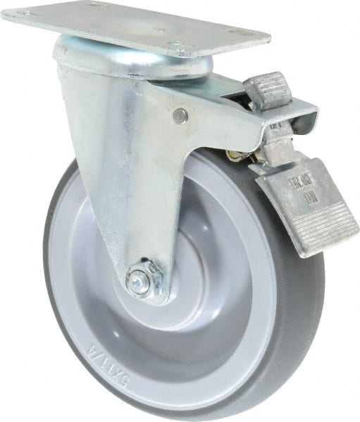 Shepherd - 5" Diam x 1-1/4" Wide x 6-1/4" OAH Top Plate Mount Swivel Caster with Brake - TPR, 200 Lb Capacity, Ball Bearing, 2-5/8 x 3-3/4" Plate - Exact Tooling