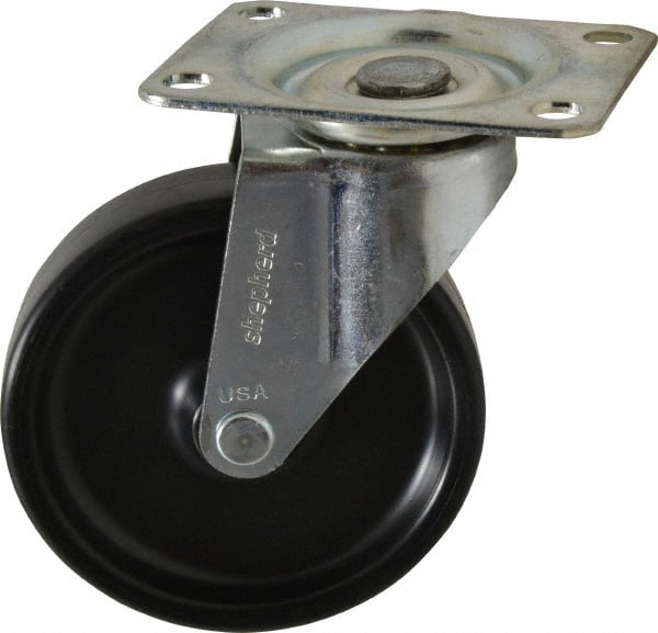 Shepherd - 4" Diam x 15/16" Wide x 4-3/4" OAH Top Plate Mount Swivel Caster - Polyolefin, 150 Lb Capacity, Plain Bearing, 2-5/8 x 3-3/4" Plate - Exact Tooling