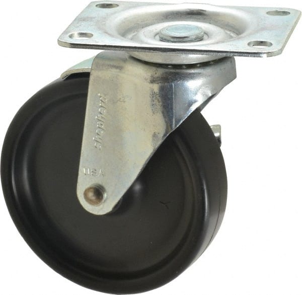 Shepherd - 4" Diam x 15/16" Wide x 4-3/4" OAH Top Plate Mount Swivel Caster with Brake - Polyolefin, 150 Lb Capacity, Plain Bearing, 2-5/8 x 3-3/4" Plate - Exact Tooling