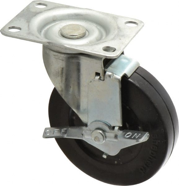 Shepherd - 4" Diam x 15/16" Wide x 4-3/4" OAH Top Plate Mount Swivel Caster with Brake - Soft Rubber, 125 Lb Capacity, Nylon Bearing, 2-5/8 x 3-3/4" Plate - Exact Tooling