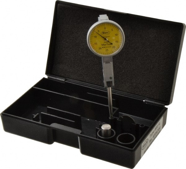 Mahr - 1/4 mm Range, 0.01 mm Dial Graduation, Horizontal Dial Test Indicator - 27.5 mm Yellow Dial, 0-25-0 Dial Reading - Exact Tooling