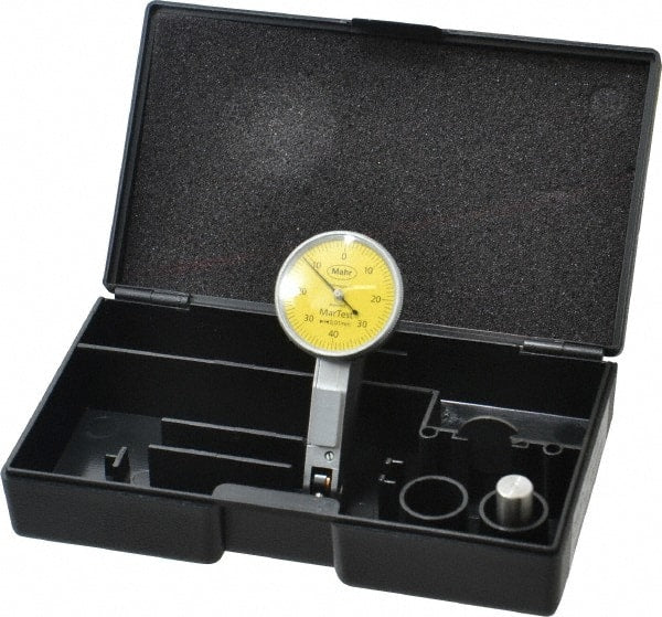 Mahr - 0.4 mm Range, 0.01 mm Dial Graduation, Horizontal Dial Test Indicator - 27.5 mm Yellow Dial, 0-40-0 Dial Reading - Exact Tooling