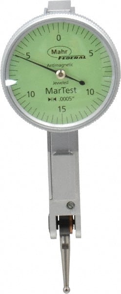 Mahr - 0.015 Inch Range, 0.0005 Inch Dial Graduation, Horizontal Dial Test Indicator - 1.1 Inch Green Dial, 0-15-0 Dial Reading - Exact Tooling