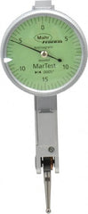 Mahr - 0.015 Inch Range, 0.0005 Inch Dial Graduation, Horizontal Dial Test Indicator - 1.1 Inch Green Dial, 0-15-0 Dial Reading - Exact Tooling