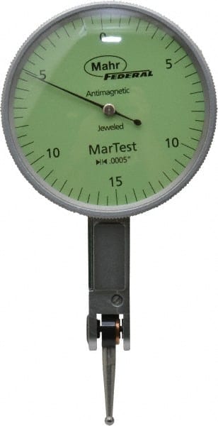 Mahr - 0.015 Inch Range, 0.0005 Inch Dial Graduation, Horizontal Dial Test Indicator - 1-1/2 Inch Green Dial, 0-15-0 Dial Reading - Exact Tooling