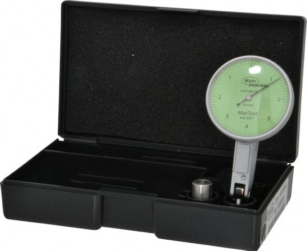 Mahr - 0.004 Inch Range, 0.0001 Inch Dial Graduation, Horizontal Dial Test Indicator - 1-1/2 Inch Green Dial, 0-4-0 Dial Reading - Exact Tooling