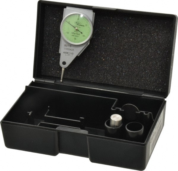 Mahr - 0.015 Inch Range, 0.0005 Inch Dial Graduation, Horizontal Dial Test Indicator - 1.1 Inch Green Dial, 0-15-0 Dial Reading - Exact Tooling