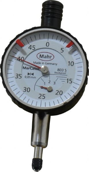 Mahr - 3mm Range, 0-45 Dial Reading, 0.01mm Graduation Dial Drop Indicator - 34mm Dial, 0.01mm Range per Revolution - Exact Tooling