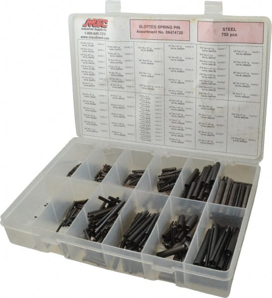 Made in USA - 750 Piece, 1/16 to 7/16" Pin Diam, Spring Pin Assortment - Steel - Exact Tooling