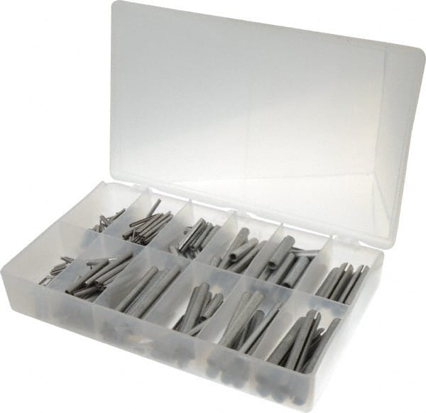 Made in USA - 500 Piece, 1/16 to 7/16" Pin Diam, Spring Pin Assortment - Zinc, Zinc Plated - Exact Tooling