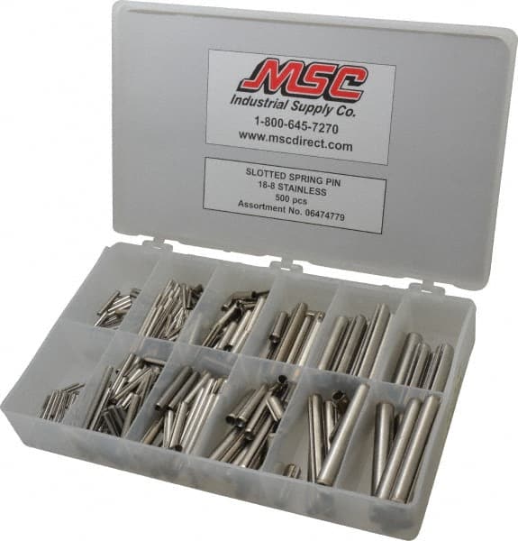 Made in USA - 500 Piece, 1/16 to 7/16" Pin Diam, Spring Pin Assortment - 18-8 Stainless Steel - Exact Tooling