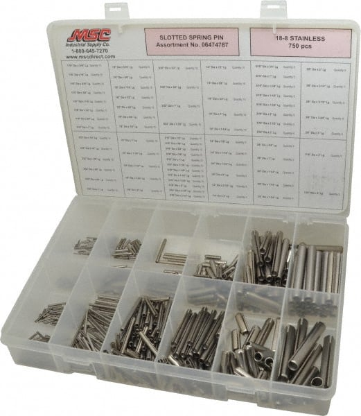 Made in USA - 750 Piece, 1/16 to 7/16" Pin Diam, Spring Pin Assortment - 18-8 Stainless Steel - Exact Tooling