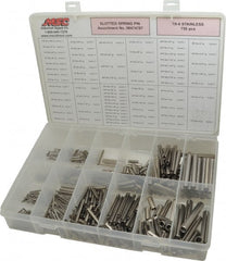 Made in USA - 750 Piece, 1/16 to 7/16" Pin Diam, Spring Pin Assortment - 18-8 Stainless Steel - Exact Tooling