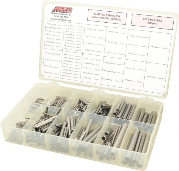 Made in USA - 500 Piece, 1/16 to 7/16" Pin Diam, Spring Pin Assortment - 420 Stainless Steel - Exact Tooling