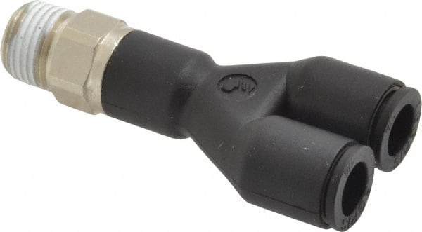 Legris - 1/4" OD, 1/8 NPT, Nylon/Nickel Plated Brass Push-to-Connect Male Y Connector - 290 Max psi - Exact Tooling