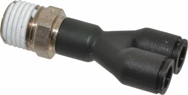 Legris - 1/4" OD, 1/4 NPT, Nylon/Nickel Plated Brass Push-to-Connect Male Y Connector - 290 Max psi - Exact Tooling
