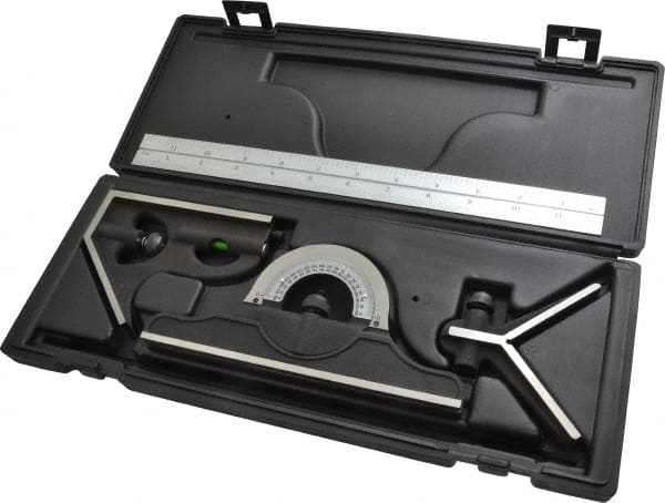 TESA Brown & Sharpe - 4 Piece, 12" Combination Square Set - 1/16, 1/32, 1/64 & 1/8" (4R) Graduation, Hardened Steel Blade, Hardened Steel Center, Protractor & Square Head - Exact Tooling
