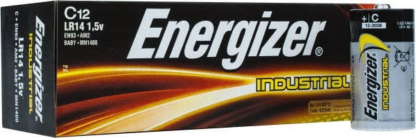 Energizer - Size C, Alkaline, 12 Pack, Standard Battery - 1.5 Volts, Button Tab Terminal, LR14, ANSI, IEC Regulated - Exact Tooling