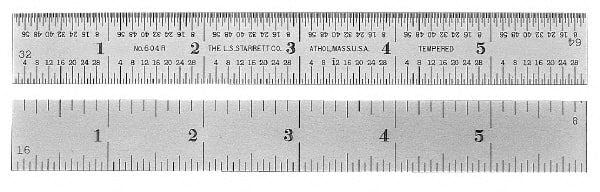 PEC Tools - 36" Long, 1/100, 1/64, 1/32, 1/10" Graduation, Rigid Steel Rule - 5R Graduation Style, 1-1/4" Wide, Silver, Satin Chrome Finish - Exact Tooling