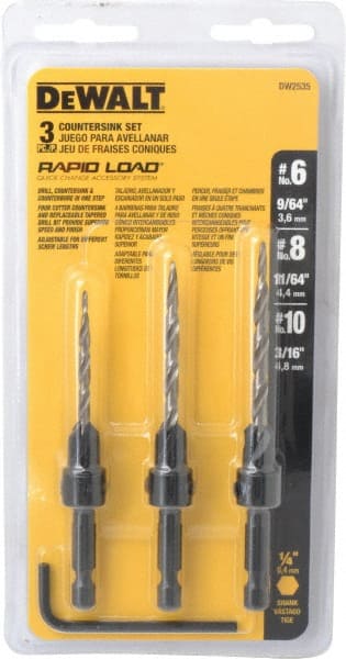 DeWALT - 3 Piece, 0.13 to 0.19" Head Diam, 77 to 83° Included Angle, Single End Countersink Set - Exact Tooling