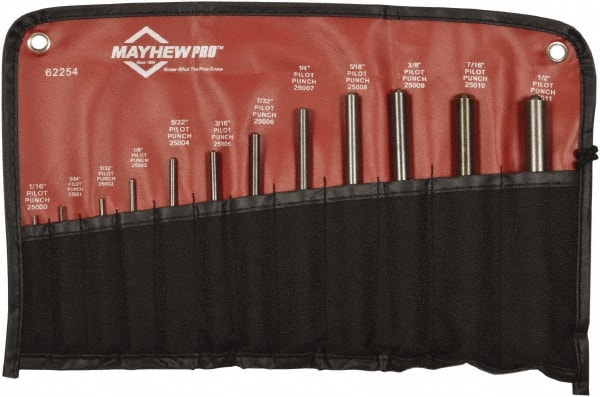 Mayhew - 12 Piece, 1/16 to 1/2", Roll Pin Punch Set - Round Shank, Comes in Vinyl Roll - Exact Tooling