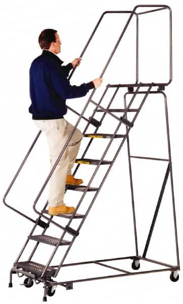 Ballymore - 123" 9 Step Ladder - Lock Step Rolling Safety Ladder, 450 Lb Capacity, 90" Platform Height, 32" Base Width x 68" Depth, Abrasive Mat Tread - Exact Tooling