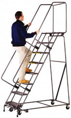 Ballymore - 103" 7 Step Ladder - Lock Step Rolling Safety Ladder, 450 Lb Capacity, 70" Platform Height, 30" Base Width x 55" Depth, Perforated Tread - Exact Tooling