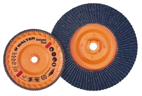 WALTER Surface Technologies - 4-1/2 Inch Diameter x 5/8-11 Threaded Hole Coated Zirconia Alumina Flap Disc - 120 Grit, 13,300 Max RPM, Fine Grade - Exact Tooling