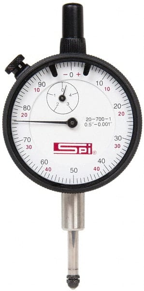 SPI - 1/2" Range, 0-100, 0-50-0 Dial Reading, 0.001" Graduation Dial Drop Indicator - 2-1/4" Dial, 0.1" Range per Revolution, Revolution Counter, Includes NPL Traceability Certification - Exact Tooling