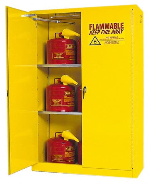 Eagle - 2 Door, 2 Shelf, Yellow Steel Standard Safety Cabinet for Flammable and Combustible Liquids - 65" High x 43" Wide x 18" Deep, Self Closing Door, 3 Point Key Lock, 45 Gal Capacity - Exact Tooling