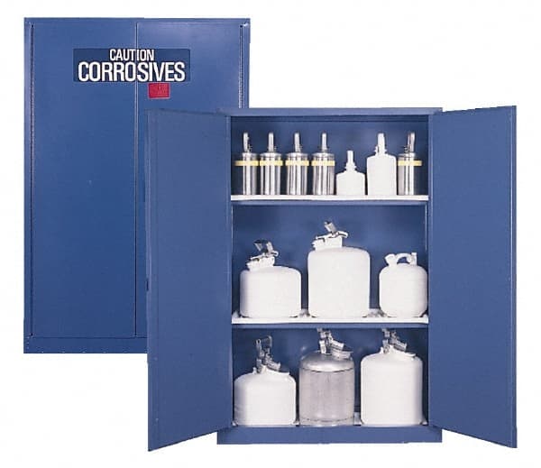 Eagle - 2 Door, 2 Shelf, Blue Steel Standard Safety Cabinet for Corrosive Chemicals - 65" High x 43" Wide x 18" Deep, Manual Closing Door, 3 Point Key Lock, 45 Gal Capacity - Exact Tooling