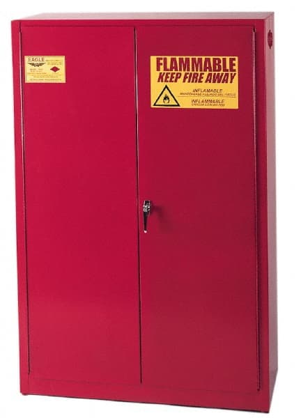 Eagle - 2 Door, 5 Shelf, Red Steel Standard Safety Cabinet for Flammable and Combustible Liquids - 65" High x 43" Wide x 18" Deep, Manual Closing Door, 3 Point Key Lock, 60 Gal Capacity - Exact Tooling