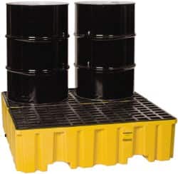 Eagle - 120 Gal Sump, 4,000 Lb Capacity, 4 Drum, Polyethylene Spill Deck or Pallet - 51-1/2" Long x 52.4" Wide x 13-3/4" High, Yellow, Liftable Fork, Drain Included, Vertical, 2 x 2 Drum Configuration - Exact Tooling