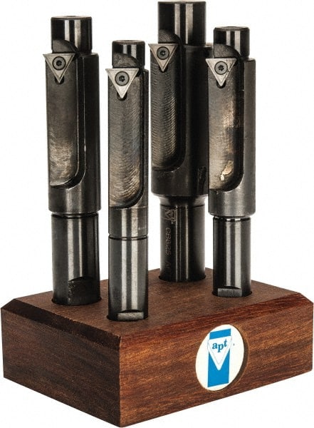 APT - 4 Piece, 3/8 to 5/8" Diam, Solid Pilot, TPGH 215 Insert Indexable Counterbore Set - 13/32, 15/32, 17/32, 21/32" Pilot Diam, 1/2, 5/8 Shank Diam, Straight Shank - Exact Tooling
