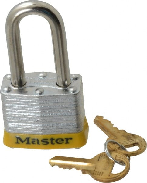 Master Lock - Keyed Alike Retaining Key Conductive Lockout Padlock - 1-1/2" Shackle Clearance, 9/32" Shackle Diam, 1-1/4" Body Height x 1-9/16" Body Width, Yellow, 4 Pins - Exact Tooling