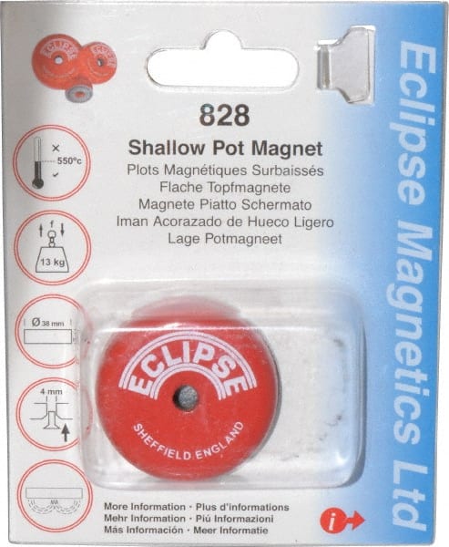 Eclipse - 1-1/2" Diam, 28.5 Lb Average Pull Force, Mild Steel, Alnico Pot Magnets - 0.339" Countersunk Hole, 220°C Max Operating Temp, 0.407" High, Grade 5 Alnico - Exact Tooling