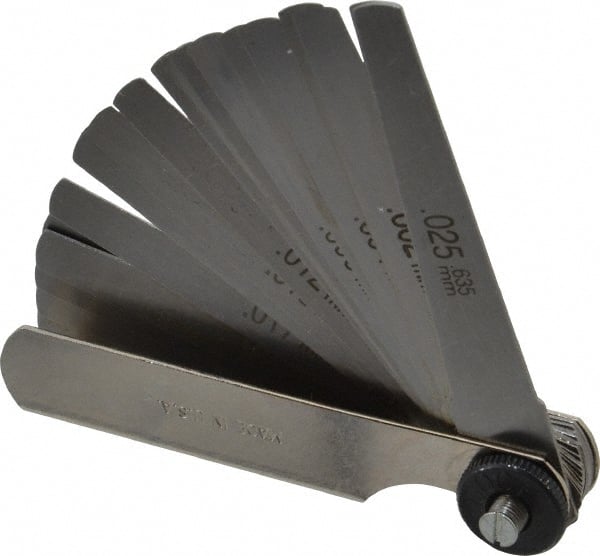 PEC Tools - 26 Piece, 0.0015 to 0.025" Thick, Tapered Feeler Gage Set - 3" Leaf Length, 0.3333" Wide, Tempered Steel - Exact Tooling