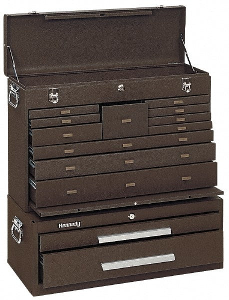 Kennedy - 13 Drawer, 2 Piece, Brown Steel Machinist's Combo - 12-1/2 Inches Deep 9-1/2 Inches High 26.68 Inches Wide Base - Exact Tooling