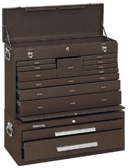 Kennedy - 13 Drawer, 2 Piece, Brown Steel Machinist's Combo - 12-1/2 Inches Deep 9-1/2 Inches High 26.68 Inches Wide Base - Exact Tooling