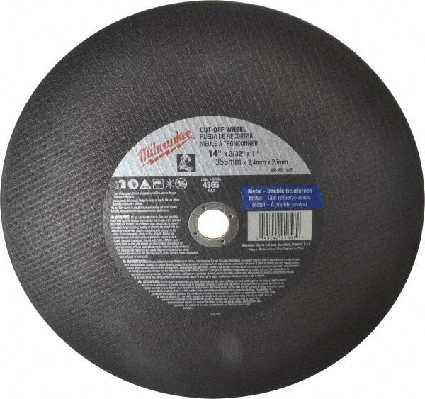 Milwaukee Tool - 14" 36 Grit Aluminum Oxide Cutoff Wheel - 3/32" Thick, 1" Arbor, 4,365 Max RPM, Use with Angle Grinders - Exact Tooling